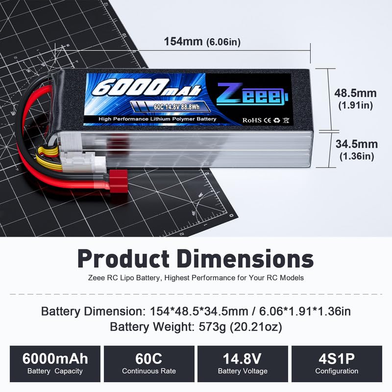 Zeee 4S Lipo Battery 6000mAh 60C 14.8V with T Connector | Soft Case Battery compatible with RC Plane Quadcopter Airplane Helicopter Car Truck Boat