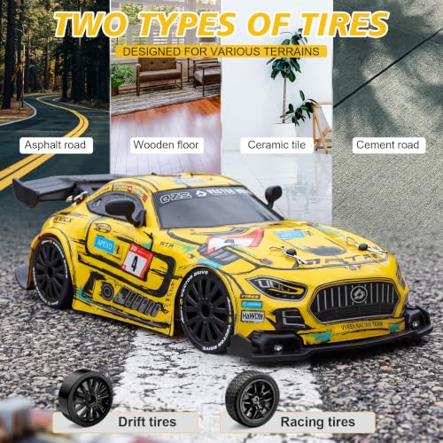 1:24 Scale RC Car for Kids, 4WD High Speed Remote Control Drift Car | 2.4GHz RC drift car with LED lights, 2 batteries(50-min)& dual mode tires (drift/speed). Gift for boys aged 4-12, Yellow - color: 3-yellow