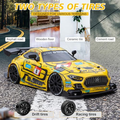 1:24 Scale RC Car for Kids, 4WD High Speed Remote Control Drift Car | 2.4GHz RC drift car with LED lights, 2 batteries(50-min)& dual mode tires (drift/speed). Gift for boys aged 4-12, Yellow - color: 3-yellow