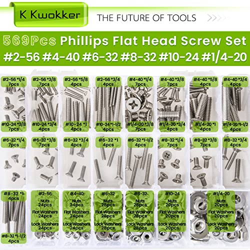 #2-56#4-40#6-32#8-32#10-24#1/4-20 Screws Assortment Phillips Flat Head 569Pcs 26 Size Screws, Nuts and Bolts, w/Lock Washers, K Kwokker 304 Stainless Steel Bolt Assortment Machine Screws - size: C. #2-56#4-40#6-32#8-32#10-24#1/4-20