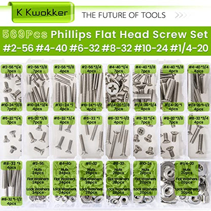 #2-56#4-40#6-32#8-32#10-24#1/4-20 Screws Assortment Phillips Flat Head 569Pcs 26 Size Screws, Nuts and Bolts, w/Lock Washers, K Kwokker 304 Stainless Steel Bolt Assortment Machine Screws - size: C. #2-56#4-40#6-32#8-32#10-24#1/4-20