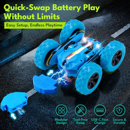 Threeking Remote Control Flip Stunt Car Double Sided Driving Crawler Toys | Quick-Swap Modular Battery Durable RC Cars with Auto Demo Breathing Soft Lights Gifts for Boys Girls Ages 6-12 - color: Blue