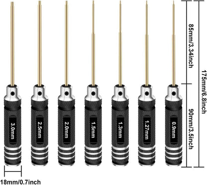 Hex Driver Set Hex Allen Screwdriver Kit 0.9mm 1.27mm 1.3mm 1.5mm 2.0mm 2.5mm 3.0mm Allen Wrench Set Titanium Hexagon Screwdriver RC Tools Kit for RC Car Drone Multi-Axis Helicopter Models(7pcs) - style: 7pcs Screwdrivers