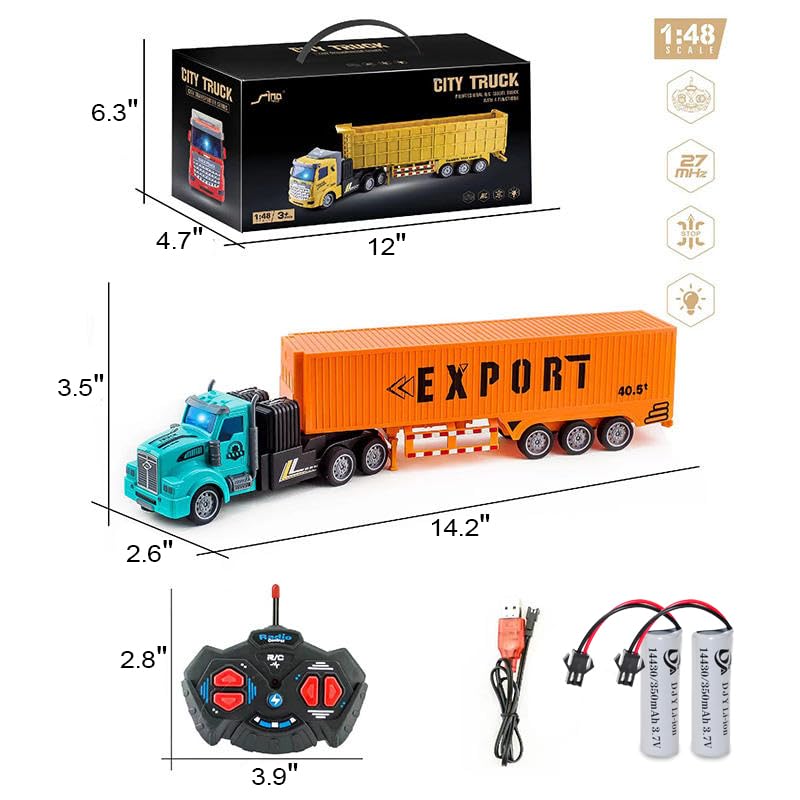 Remote Control Semi Truck Toy for Kids - 14" Mini Container Truck with 2 Rechargeable Batteries,1:48 Carrier Van Transport Car, RC Semi Trucks and Trailer with Lights, Great Gift for Kids Boys Girls