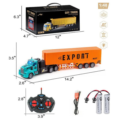 Remote Control Semi Truck Toy for Kids - 14" Mini Container Truck with 2 Rechargeable Batteries,1:48 Carrier Van Transport Car, RC Semi Trucks and Trailer with Lights, Great Gift for Kids Boys Girls