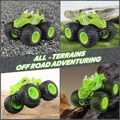 BAODLON RC Monster Trucks Toys for 3 4 5 6 7 8 Years Old Boys Kids, 2.4GHz Remote Control Monster Car, All Terrain RC Truck Off Road with Spray & Light, Rechargeable Battery, Christmas Birthday Gifts - style: Dinosaur-green