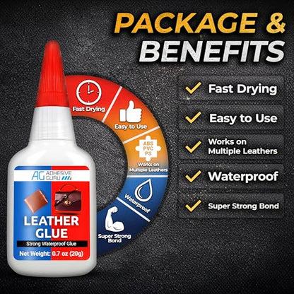Adhesive Guru Leather Glue (2x0.7 oz) Super Glue for Purses, Sofas and Furniture Repair Ideal for DIY, Upholstery and Leathercraft. Waterproof, Compitable with Aerosol Accelerator - 2 Pack - size: 2 Pack, style: Leather Glue