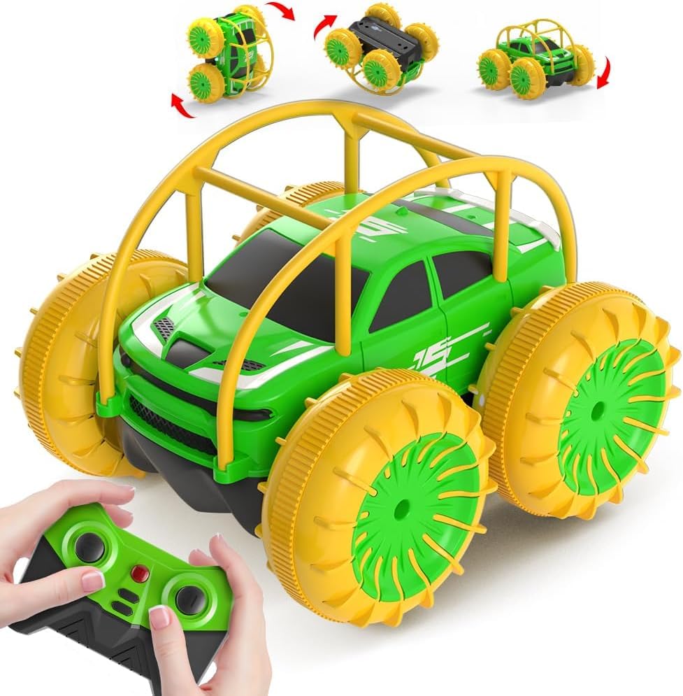 MaxTronic Amphibious Remote Control Car,Rechargeable RC Cars Toy 360° Flips Rotation Stunt Crawler 15KM/H 4WD All Terrain Outdoor Indoor Toy for Kids Boys Girls 3-12 - color: Green