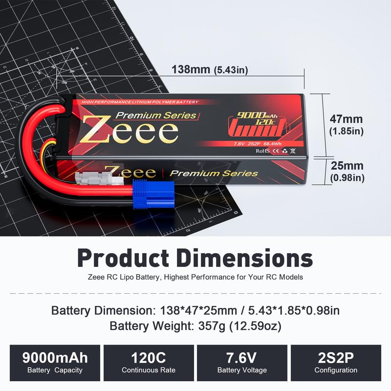 Zeee Premium Series 2S Lipo Battery 9000mAh 7.6V HV-Lipo 120C Hard Case Battery with EC5 Connector High Voltage Battery for RC 1/10 Scale Vehicles Car Trucks Boats RC Models (2 Pack)