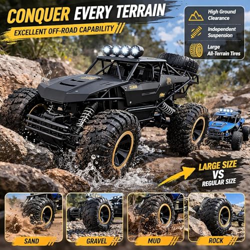 1:12 Large RC Rock Crawler, Remote Control Car 4WD Off Road Truck with Metal Shell, LED Headlights, Dual Motors, Shock Absorbers, 2 Batteries, All Terrain Monster RC Car for Kids Teens Adults Black - size: 1:12 Black Crawler
