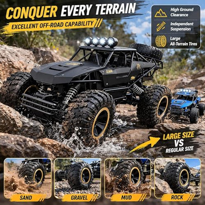 1:12 Large RC Rock Crawler, Remote Control Car 4WD Off Road Truck with Metal Shell, LED Headlights, Dual Motors, Shock Absorbers, 2 Batteries, All Terrain Monster RC Car for Kids Teens Adults Silver - size: 1:12 Silver Crawler