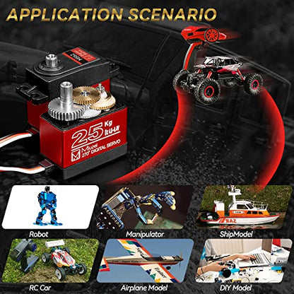 25KG Servo Motor High Torque Metal Gear for 1/10 1/8 RC Car 2 Pack | 27.5kg·cm Torque 0.13s/60° Speed @8.4V, Digital 270 Degree Waterproof Standard Steering with 25T Horn for RC Crawler Robot