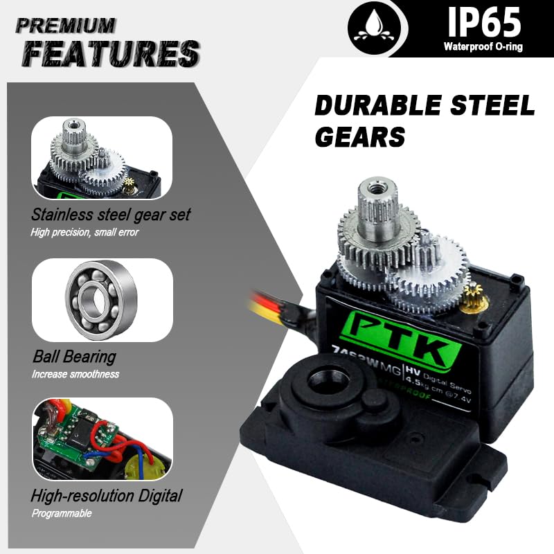 PTK 7462W MG 13g Waterproof Micro Digital Servo Metal Gear Core Motor 4.5kg Torque for SCX24 AX24 1/24 Crawler Cars Robots Fixed Wings Upgrade Parts 180 Degrees (1pcs) - style: PTK 7462W-1pcs