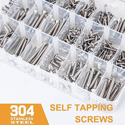 VIGRUE 520pcs 304 Stainless Steel Wood Screw Assortment Kit, #4#6#8#10 Flat Head & Pan Head Philips Self Tapping Screw Assortment