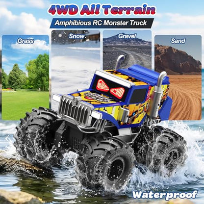 Amphibious Monster Truck Toy for Boy, 1:18 Remote Control Car with LED Eyes | 2.4 GHz Waterproof RC Cars, 360° Rotating, 4WD All Terrain RC Truck, Pool, Land, Outdoor Kids Toys, Boy Birthday Gift Ages 6+ - color: Blue/Yellow