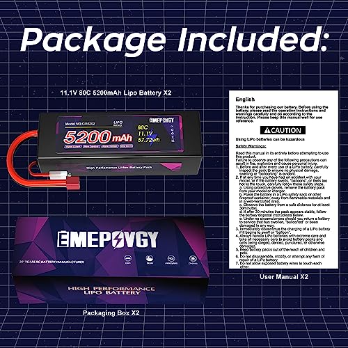 11.1V Lipo Battery 3S 5200mAh 80C Lipos Hard Case with T Connector for RC Car Trucks 1/8 1/10 RC Vehicles(2 Packs) - color: T-2