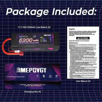 11.1V Lipo Battery 3S 5200mAh 80C Lipos Hard Case with T Connector for RC Car Trucks 1/8 1/10 RC Vehicles(2 Packs) - color: T-2