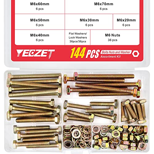 144Pcs Grade 8.8 M6 Hex Head Screws Bolts and Nuts Flat & Lock Washers Assortment Kit 20mm 30mm 40mm 50mm 60mm 70mm - color: M6--36Sets Bolts and Nuts Kit
