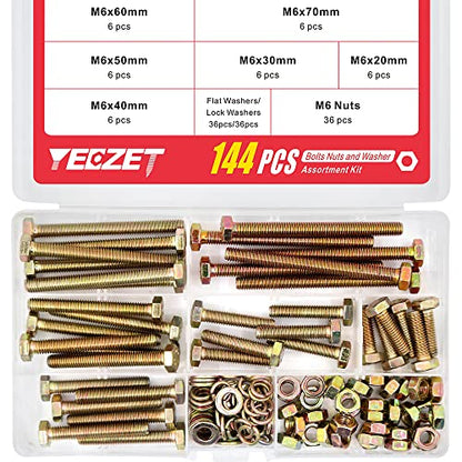 144Pcs Grade 8.8 M6 Hex Head Screws Bolts and Nuts Flat & Lock Washers Assortment Kit 20mm 30mm 40mm 50mm 60mm 70mm - color: M6--36Sets Bolts and Nuts Kit