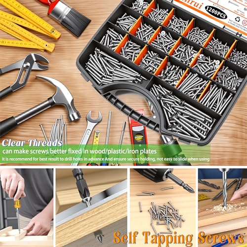 Dianrui 1200 PCS Wood Screws Assortment Kit, Assorted 304 Stainless Steel Screws M3/M4/M5/M6, ‌Phillips Drive Sheet Metal Self Tapping Screw Set Marine Grade (Pan & Flat Head Screw) Length 1/4" to 2" - size: 1200PCS-SV