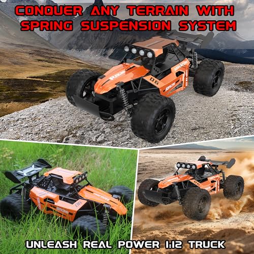 RC Monster Truck for Kids Ages 4–8, 1:12 Remote Control Car with Alloy Shell, 15.5 MPH (25KM/H) Fast Off Road Orange RC Car with 2 Speed Modes & LED Lights, 2.4GHz Easy Control Toy Gift for Boys