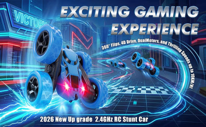 Remote Control Stunt Car 4WD, Double-Sided 360°; Flip RC Car, LED Light Bar, USB-C Rechargeable Battery, 2.4GHz Outdoor Toy