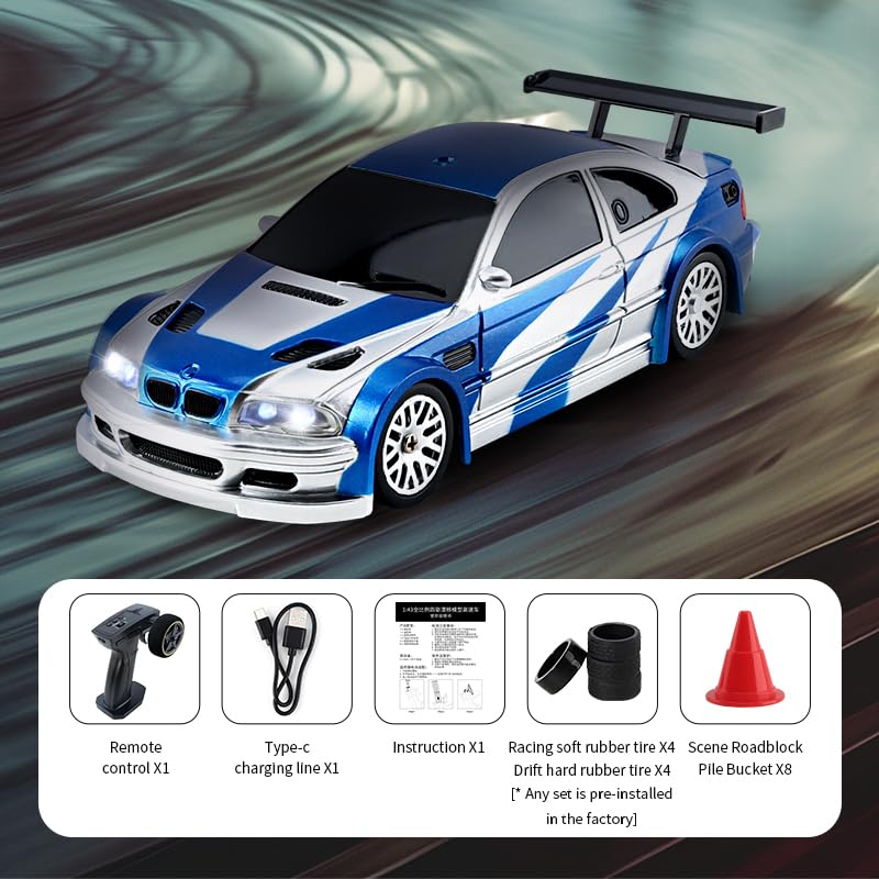 RC Drift Car - 1:43 Remote Control Car 2.4GHz Mini Drift Cars Racing High Speed Drift Car Model with LED Lights for RC Toys Gift (Blue) - color: Blue
