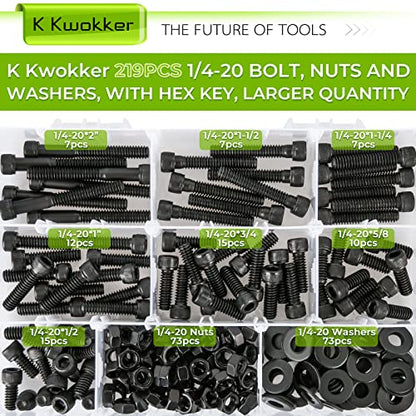 1/4 20 Bolt and Nuts, with Washers for Screws, Hex Socket Head Screws 7 Lengths are 2", 1-1/2", 1-1/4", 1", 3/4", 5/8", 1/2", 12.9 Grade Alloy Steel, 220Pcs, Black, Full Machine UNC Thread | 12.9 Grade Black UNC Thread Machine Bolts w/ Washers, 12.9 2", 1