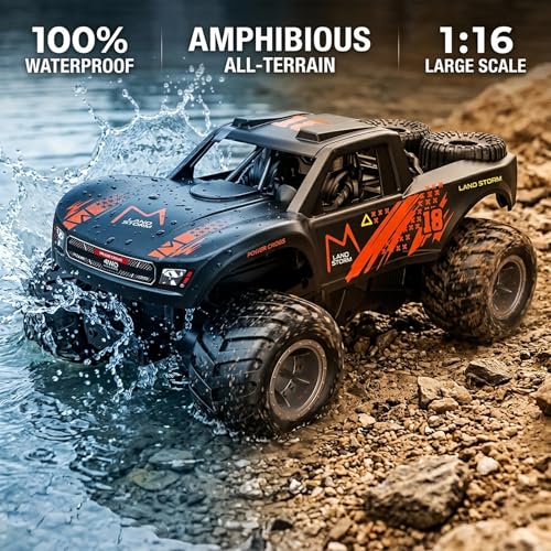 Amphibious Remote Control Car Monster Truck - 4WD Waterproof 1:16 Large All Terrain Off Road Vehicle Batteries RC Drift Cars Beach Pool Toys Gifts for Boys Kids 8-12 - color: Orange