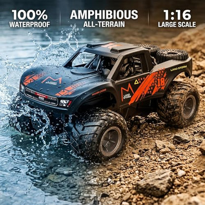 Amphibious Remote Control Car Monster Truck - 4WD Waterproof 1:16 Large All Terrain Off Road Vehicle Batteries RC Drift Cars Beach Pool Toys Gifts for Boys Kids 8-12 - color: Orange