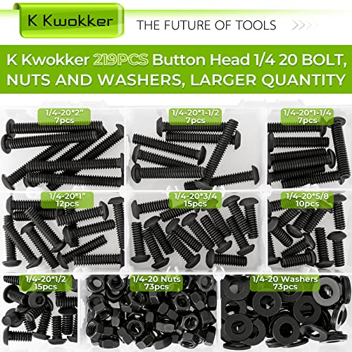 1/4 20 Bolt and Nuts, 7 Sizes are 2", 1-1/2", 1-1/4", 1", 3/4", 5/8", 1/2", Button Head Hex Socket Cap Screws, Black, Full Machine UNC Thread, with Washers for Screws, 219Pcs Totally | Black UNC Full Threaded Machine Screws w/ Washers, 7 Length 2", 1-1/2"