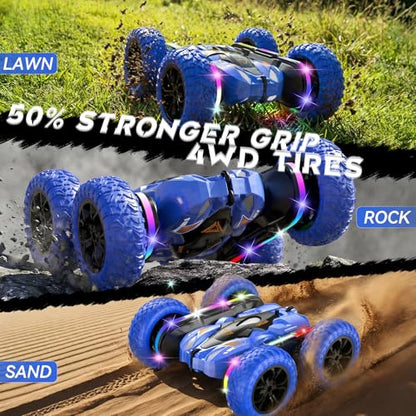 Wedopro RC Car for Boy Ages 6-12: 2 Batteries 360° Stunt Rotating 4WD Remote Control Toy with Headlights, Indoor Outdoor Birthday Gifts for Kids 6 7 8 9 10 11 12, Blue