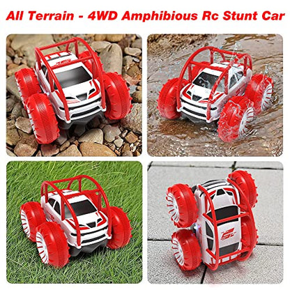 MaxTronic Amphibious Remote Control Car,Rechargeable RC Cars Toy 360° Flips Rotation Stunt Crawler 15KM/H 4WD All Terrain Outdoor Indoor Toy for Kids Boys Girls 3-12 - color: Red