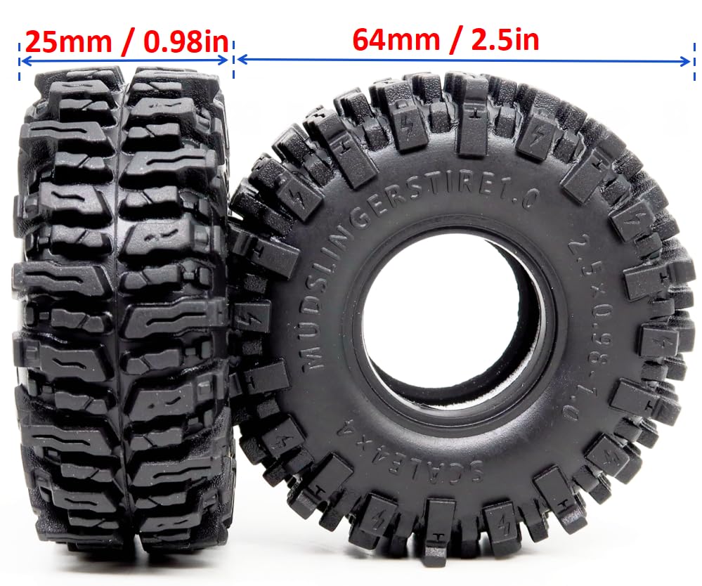 HOBBYSOUL 2pcs 1.0 Tires 64 * 25mm Soft Sticky Mud Slingers Tyres For RC Crawler 1/24 AX24 SCX24 FCX24 1/18 TRX4M Upgrades