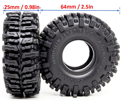 HOBBYSOUL 2pcs 1.0 Tires 64 * 25mm Soft Sticky Mud Slingers Tyres For RC Crawler 1/24 AX24 SCX24 FCX24 1/18 TRX4M Upgrades