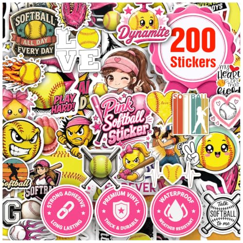 Premium 200 Pcs Pink Coquette Softball Stickers, Waterproof Vinyl | 200 Unique Designs Softball Sticker for Water Bottles, Laptops, Phone Cases, Journals, Scrapbooks, Softball Gifts & Girls - color: Pink Coquette Softball Stickers, size: 200 Pcs