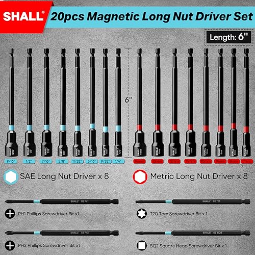 SHALL 20PCS Magnetic Nut Driver Set, 6” Long Nut Drivers for Impact Drill, SAE & Metric 1/4” Hex Shank Nut Driver Bit & Impact Drill Driver Bit w/Power Screwdriver Bits PH1/PH2/SQ2/T20, Storage Bag - size: 20Pcs Long Nut Drivers