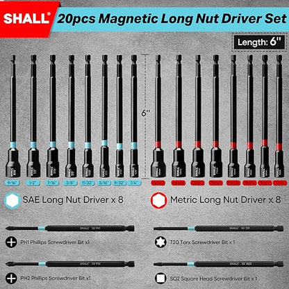SHALL 20PCS Magnetic Nut Driver Set, 6” Long Nut Drivers for Impact Drill, SAE & Metric 1/4” Hex Shank Nut Driver Bit & Impact Drill Driver Bit w/Power Screwdriver Bits PH1/PH2/SQ2/T20, Storage Bag - size: 20Pcs Long Nut Drivers