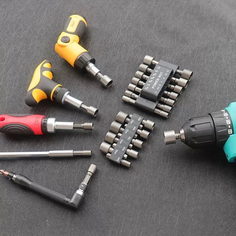 Power Nut 15-Piece Nut Driver Set with L-Handle, 1/4 Inch | Hex 5/16 Drill Bit Socket Adapter, Metric Sizes, SAE Sizes