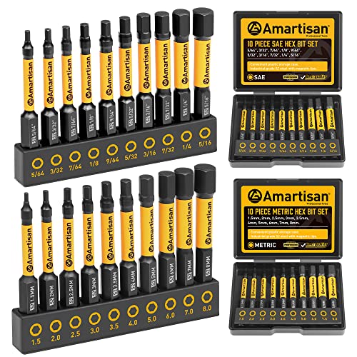 Amartisan 20-Piece Hex Head Allen Wrench Drill Bit Set, Metric and SAE S2 Steel Hex Bits Set, Magnetic Tips, 2.3" Long With Storage box. (20-Piece Hex Bit Set - NEW) - style: 20-Piece Hex Bit Set - NEW