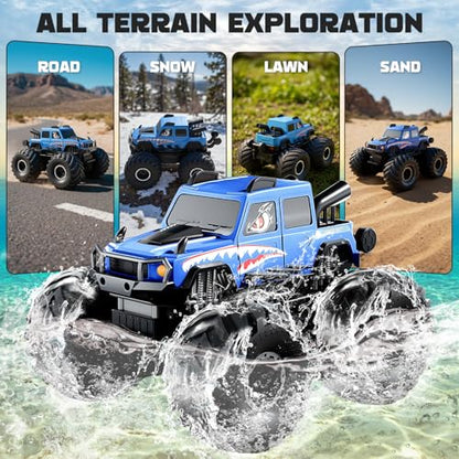 Amphibious Remote Control Trucks,2.4G 1:18 4WD All Terrain Off-Road Waterproof Monster RC Cars Pool Toys Hobby RC Vehicle Christmas Birthday Gifts for Kids Boys Girls 8 9 10 11 12+ Bule - color: Blue
