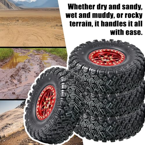 2.2 RC Crawler Tires 1/10 Beadlock Wheels 12mm Hex, Mud Terrain Rock Tires Soft Rubber 5.0x1.9, Aluminum Beadlock Rims 5.5mm Offset, RC Wheel Tire Set for SCX10 TRX4 TRX6 Gen8 VS4-10 D90 CFX - color: Red