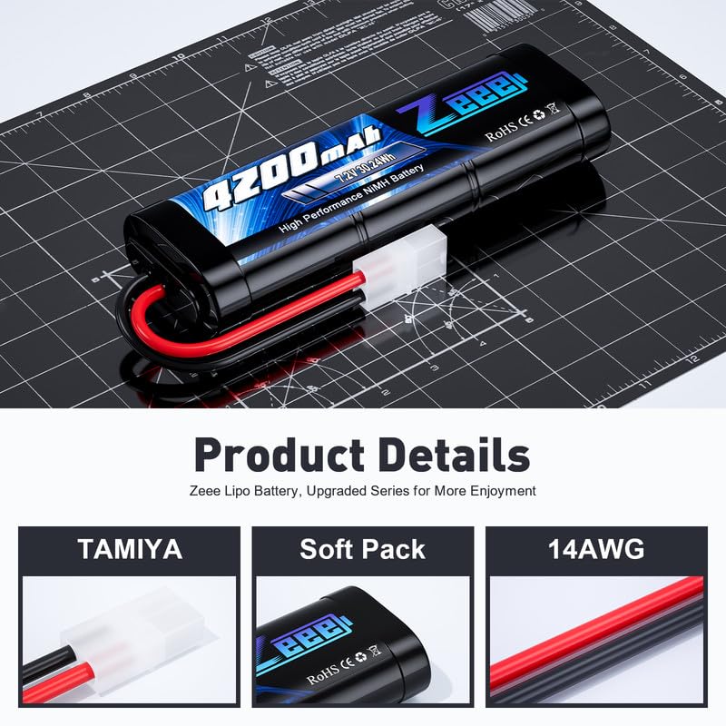 Zeee 7.2V 4200mAh NiMH Battery with Tamiya Connector (2 Pack) | High Power for RC Car Truck Associated HPI Losi Kyosho Tamiya Hobby