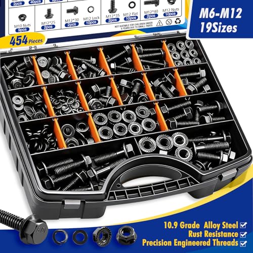 454 pcs Metric Flange Bolt Assortment Kit- Grade 10.9 M12 M10 M8 M6 Nuts and Bolts Assortment Kit, Black zinc Plating Hex Bolts and Nuts Washers,Metric Bolt Assortment for Automotive