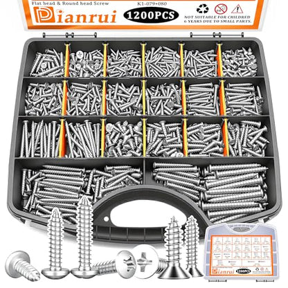 Dianrui 1200 PCS Wood Screws Assortment Kit, Assorted 304 Stainless Steel Screws M3/M4/M5/M6, ‌Phillips Drive Sheet Metal Self Tapping Screw Set Marine Grade (Pan & Flat Head Screw) Length 1/4" to 2" - size: 1200PCS-SV