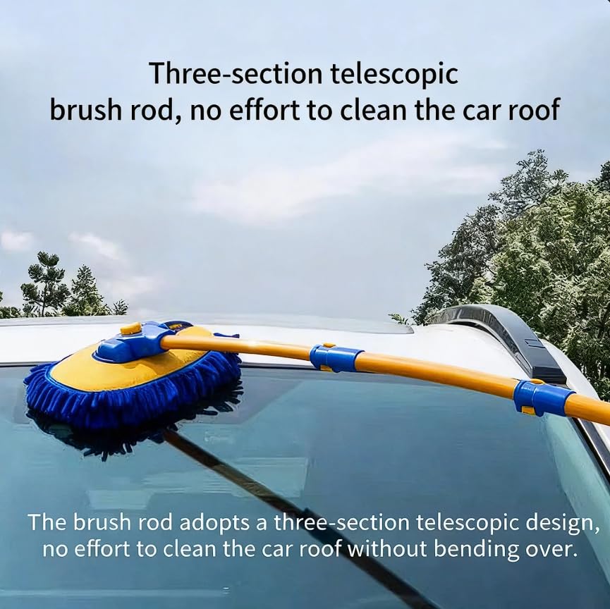 57'' Car Wash Brush with Long Handle Chenille Microfiber Car Wash Kit Mitt Retractable Bent Pole Car Wash Mop for Cars RV Truck Boat (Blue-2) - color: Blue-2