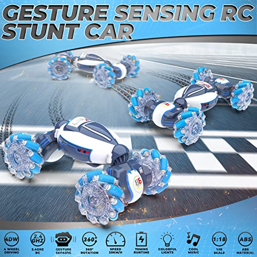 Gesture Sensing RC Stunt Car - Boys Toys Age 6-12, 360° Rotating 4WD Hand Controlled Remote Control Twist Car with Light & Music, Cool Birthday Presents and Ideas Gifts for Kids Age 7 9 10 11 12 yr - color: Blue