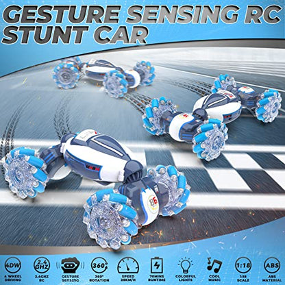 Gesture Sensing RC Stunt Car - Boys Toys Age 6-12, 360° Rotating 4WD Hand Controlled Remote Control Twist Car with Light & Music, Cool Birthday Presents and Ideas Gifts for Kids Age 7 9 10 11 12 yr - color: Blue