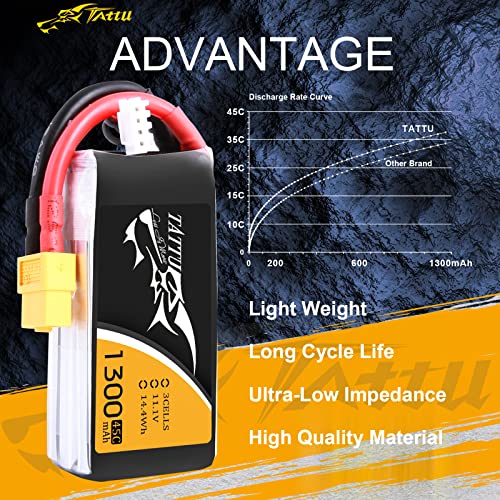 TATTU 3S 11.1V 1300mAh 45C LiPo Battery Pack with XT60 Plug for Eachine Wizard X220 QAV250 QAV180 210 Vortex 285 Mini H FLIP FPV 250S Emax Nighthawk 250 ZMR 250 HOVERSHIP MHQ2 - size: 1 Pcs