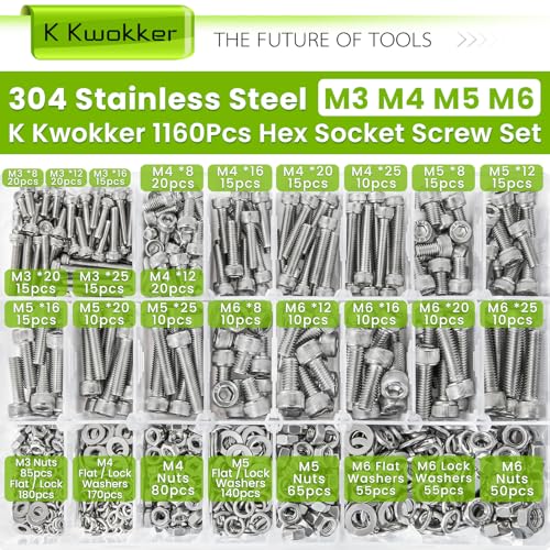 M3 M4 M5 M6 Hex Socket Bolt & Nut Assortment Kit, 1160Pcs | Waterproof Anti-rust 304 Stainless Steel; 20 Size 8–25mm Metric Screws with Lock Washers for 3D Printing DIY Machinery Repair - size: H. M3 M4 M5 M6